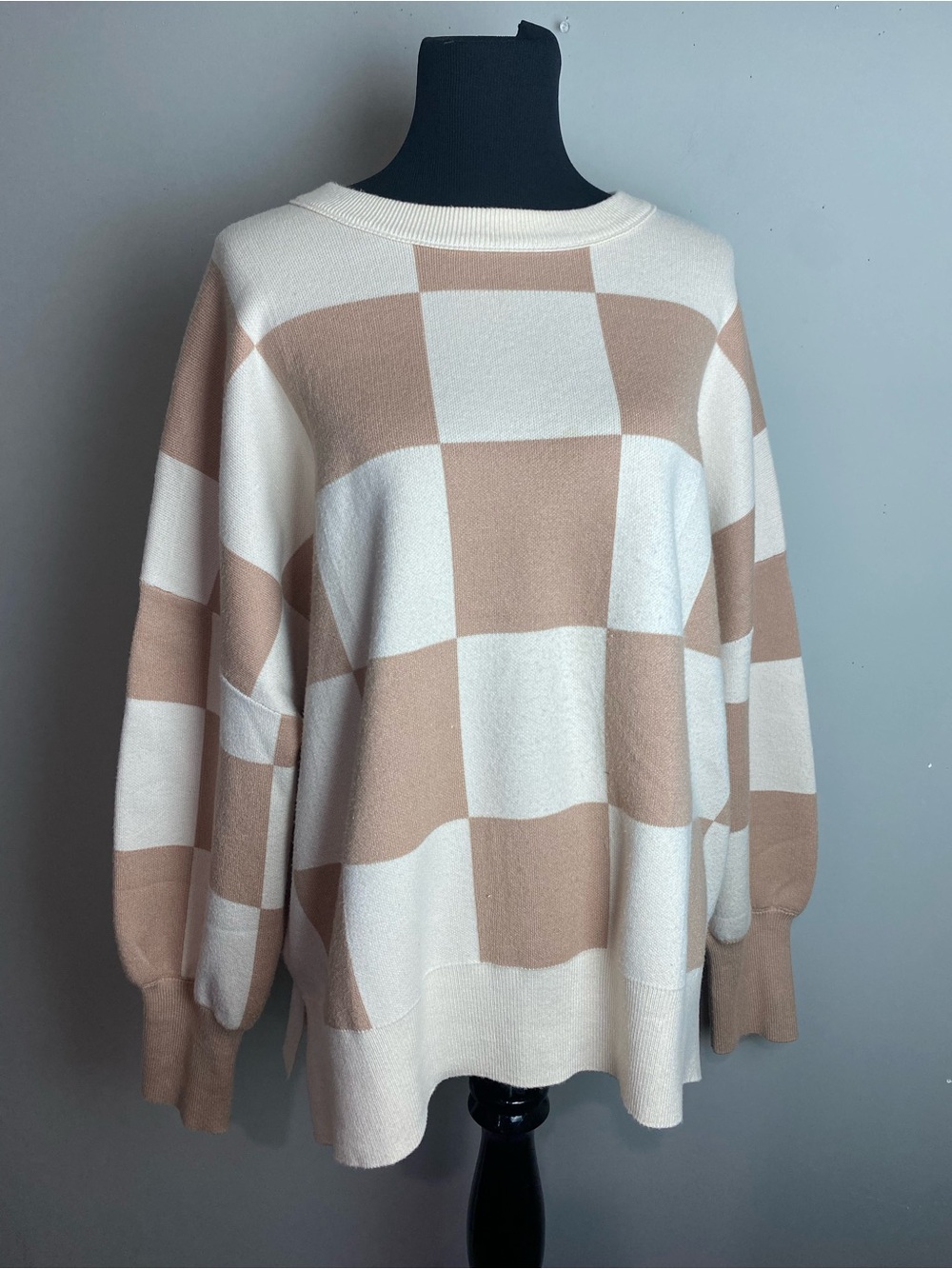 Checkerboard Crewneck Sweater - Cream and Tan